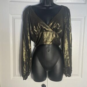 Gold metallic faux wrap cropped top with long sleeves